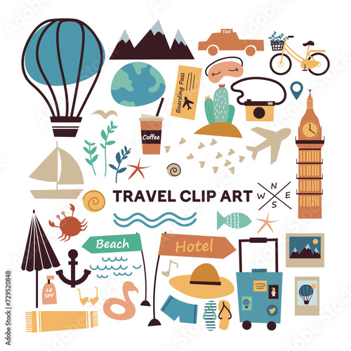 Beach and Summer icon collection. Travel, travel abroad and summer vacation trip. Hand drawn vector illustration. Perfect for sticker kit, scrapbooking, poster, tags