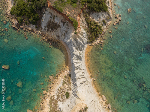 Fototapeta Naklejka Na Ścianę i Meble -  Aerial drone view of  Vasilikos Gerakas beach in Zante, Zakynthos. Jason's bite on Zakinthos island, Greece. Gerakas Beach. Zakynthos, at Cape Gerakas in Greece.