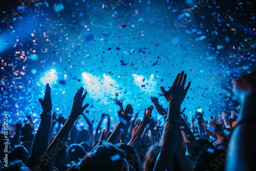 Live, rock concert, party, festival night club crowd cheering, stage lights and confetti falling. Cheering crowd. Blue lights. hand edited