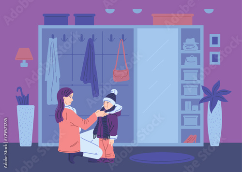 Mother dresses the child in the hallway, helping boy son to dress up warm clothes. Parent button up kid jacket flat vector illustration