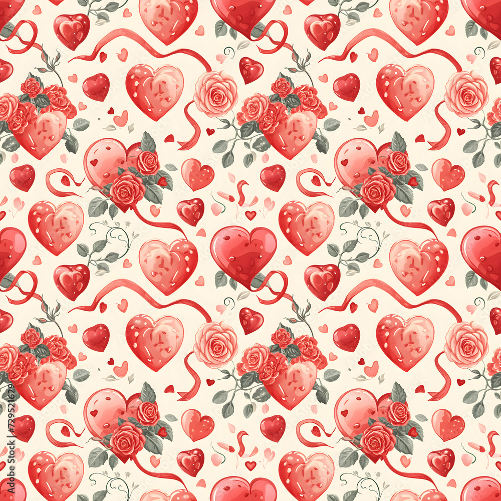 Red Hearts and Roses Valentine Seamless Pattern Red Hearts and Roses Valentine Seamless Pattern