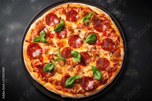 Tasty pepperoni pizza and cooking ingredients tomatoes basil on black