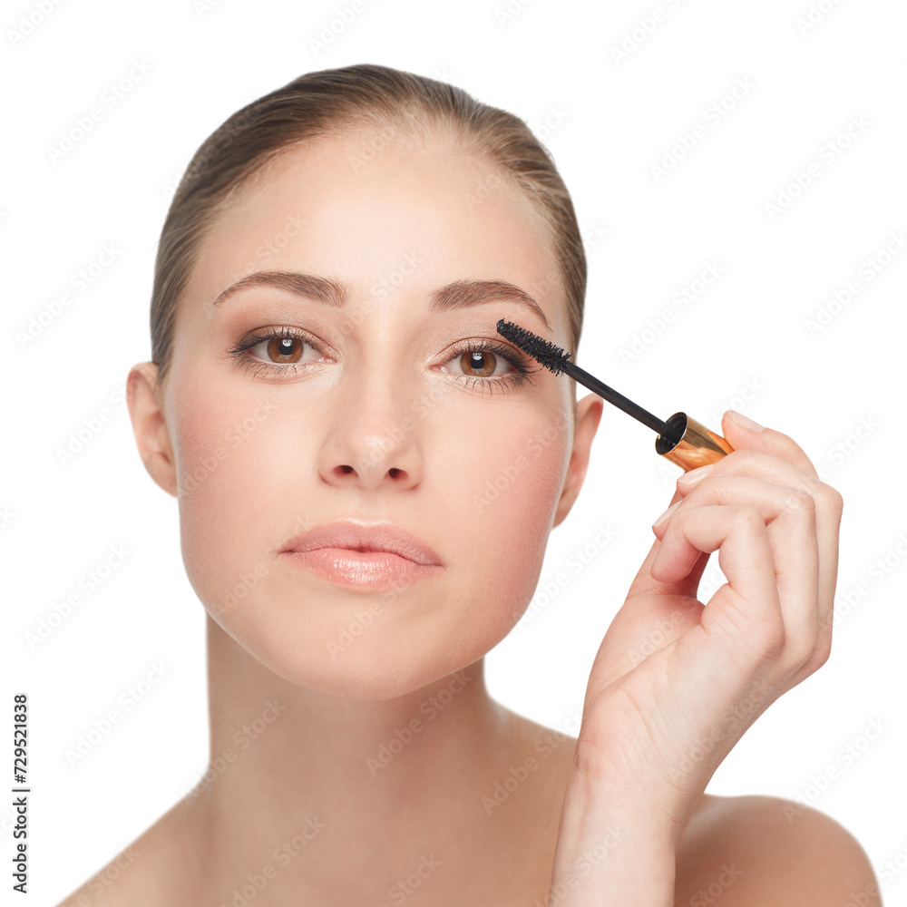 Woman, face and skincare for beauty, mascara and makeup with lashes and cosmetology on white background. Portrait, wand for eyelash extension and skin, glow or shine with cosmetics product in studio