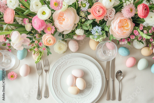 Festive table for St. Easter day with beautiful flowers and colourful eggs beautiful setting in delicate tones