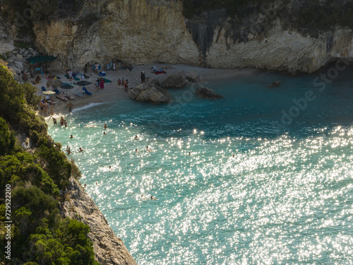 Aerial drone view of Xigia Beach - natural sulfur spa. Xigia Beach  and Sulphur Spa in Zakynthos, Greece photo