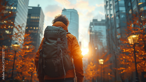 Backpacker man walking in city background