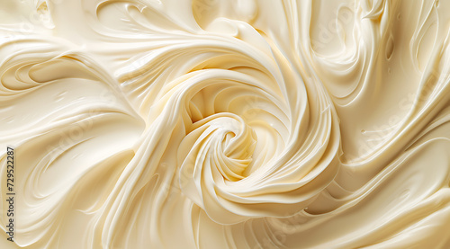 close up of a swirl of white frosting on a beige back