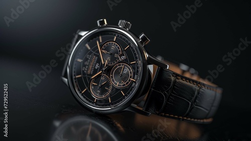 
A beautiful men's luxury watch with a black dial and a black leather strap on a beautiful dark background. generative