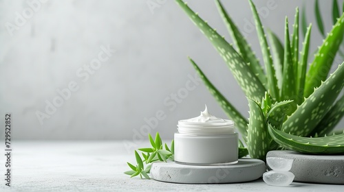 Aloe vera leaves and a cosmetic glass jar composed of aloe vera cream on a white setting and space  Generative AI.