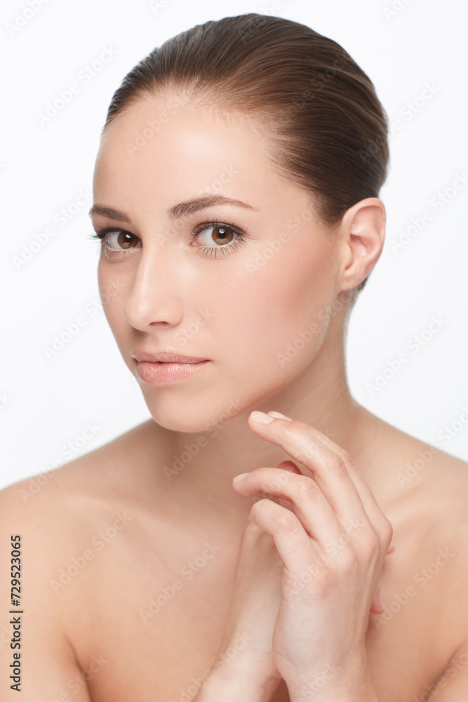 Portrait, beauty and facial with natural woman in studio isolated on white background for wellness treatment. Face, skincare aesthetic and confident young model at spa for cosmetics or dermatology Portrait, beauty and facial with natural woman in studio isolated on white background for wellness treatment. Face, skincare aesthetic and confident young model at spa for cosmetics or dermatology