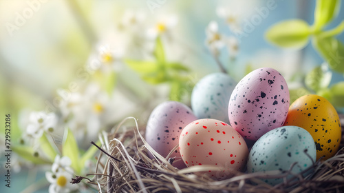 Easter eggs in basket in pastel colors and tender soft background with spring flowers - card, wallpaper, banner decoration concept