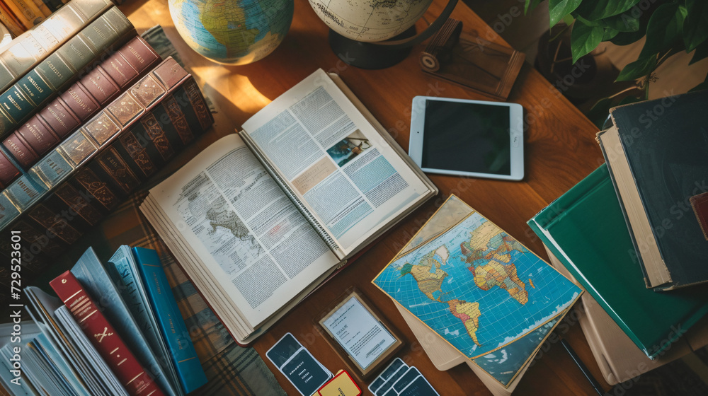 A dynamic flat lay of a language learning setup featuring textbooks in multiple languages flashcards a world map and a tablet with a language learning app. - obrazy, fototapety, plakaty 