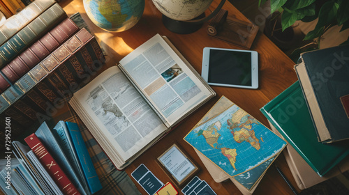 A dynamic flat lay of a language learning setup featuring textbooks in multiple languages flashcards a world map and a tablet with a language learning app.