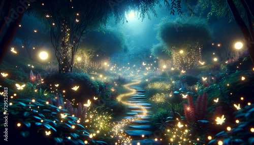 Fantasy background. Fairies in a forest. Cover design. Wallpaper. Fairytale garden.