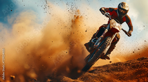 A dynamic image of a motocross rider airborne over a dirt track dust trailing behind. photo