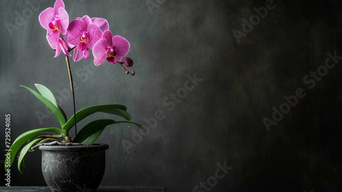 A flowerpot containing a blooming orchid is placed on a black stone table against a dark background. 