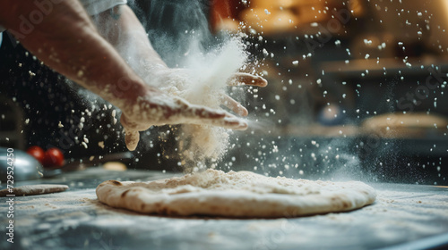 A dynamic shot of a pizza being tossed in the air by a skilled pizzaiolo showcasing the traditional method of stretching the dough. © Markus