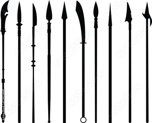 Simple, flat, black spear silhouette set. Isolated on transparent background, vector template logo design, Spearhead logo, element of weapon icon for mobile concept and web apps, ui.