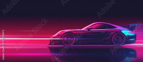 Side view fast speed sport car silhouette on neon glowing modern style. AI generated image photo