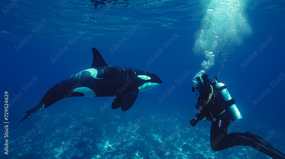 Diver swimming with orca generative ai Diver swimming with orca generative ai