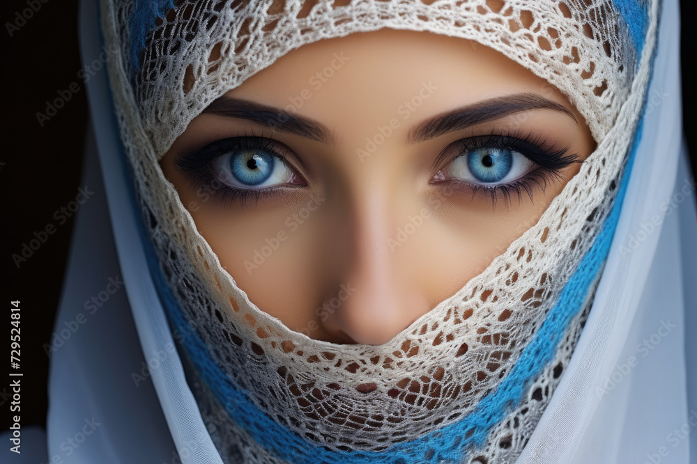  Striking Portrait of a Woman with Intense Blue Eyes Veiled in Traditional Lace Headscarf