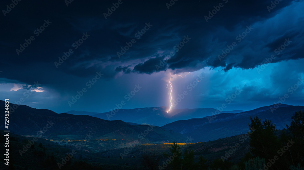 A dynamic view of a lightning strike illuminating a dark stormy sky over a mountain range.