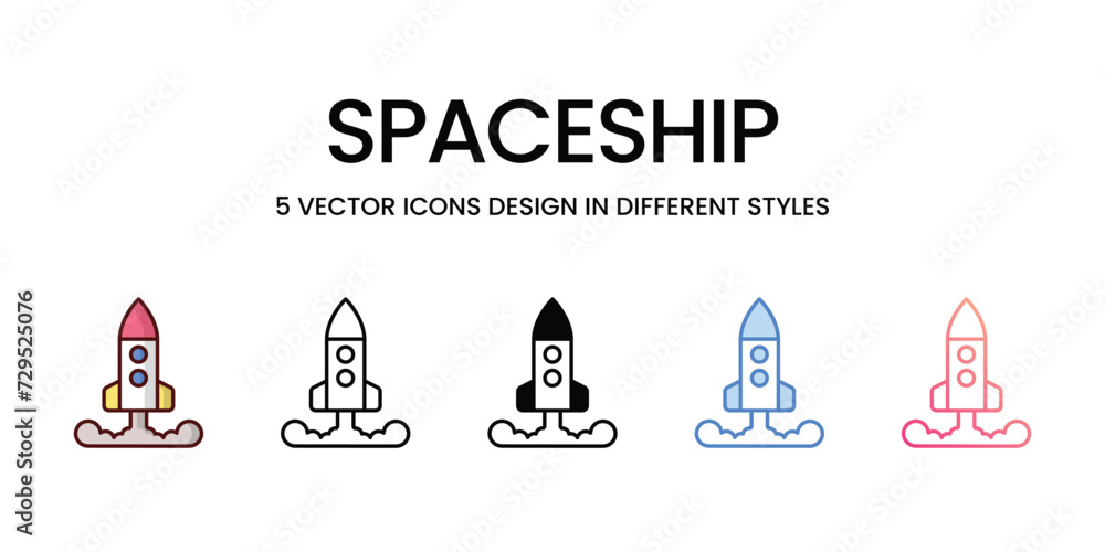 Spaceship Icon Design in Five style with Editable Stroke. Line, Solid, Flat Line, Duo Tone Color, and Color Gradient Line. Suitable for Web Page, Mobile App, UI, UX and GUI design. Spaceship Icon Design in Five style with Editable Stroke. Line, Solid, Flat Line, Duo Tone Color, and Color Gradient Line. Suitable for Web Page, Mobile App, UI, UX and GUI design.