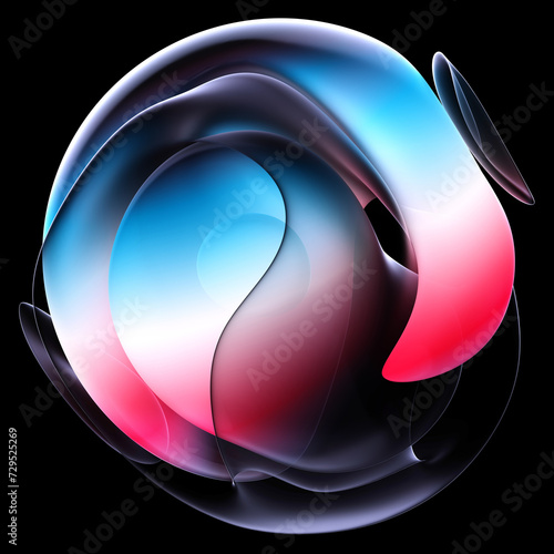 3d render of abstract art of surreal 3d ball or sphere in curve wavy round and spherical lines forms in transparent plastic material with glowing blue white and red color core on black background