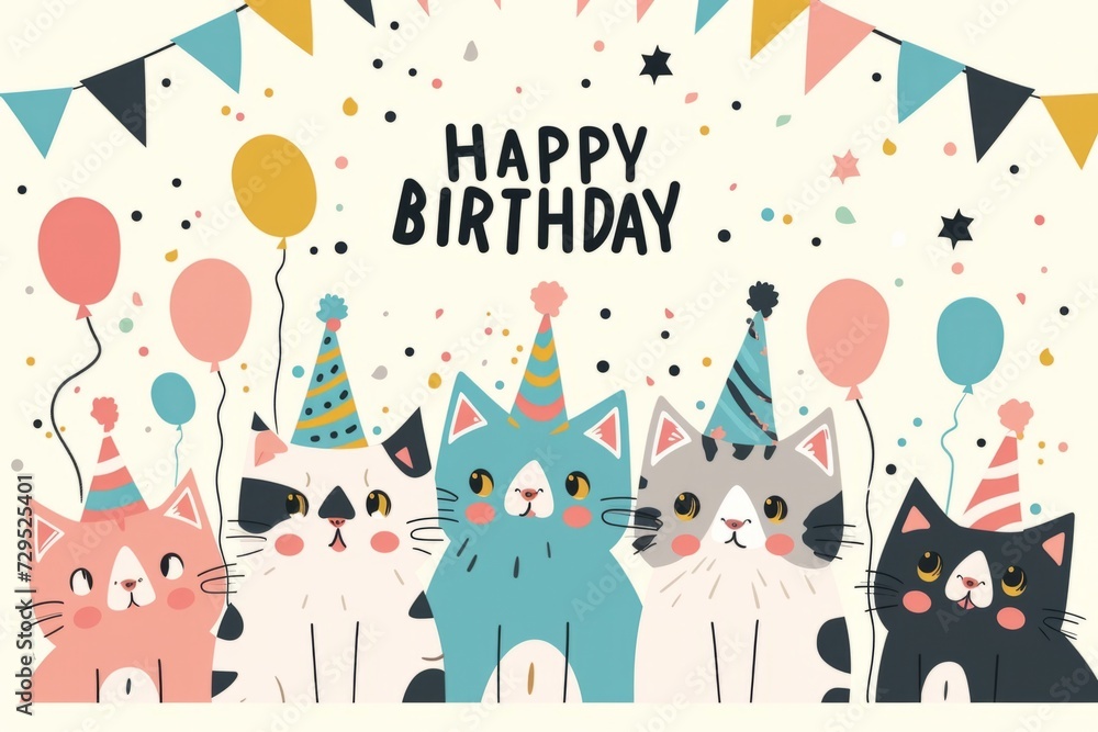 Fototapeta premium Happy Birthday cute cartoon cats on white background Generative AI