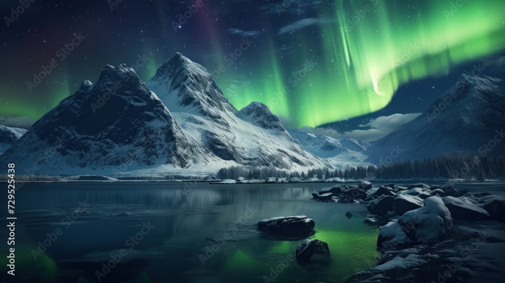Beautiful night sky with green glowing northern lights reflecting from a calm lake surrounded by snow-capped cliffs and mountains.