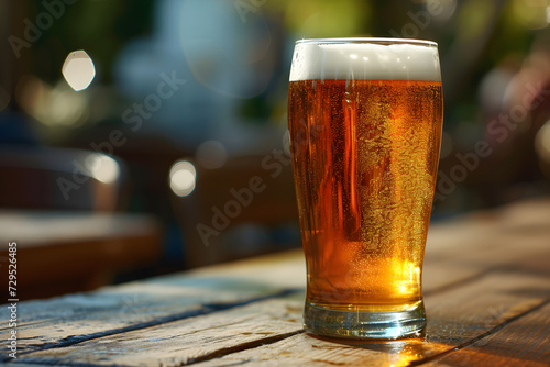 A close-up view of steamed mug of cold beer or ale, with foam the rim of the glass, on a wooden table and a dark background in an Irish pub or english pub. bar counter with lights. Outside daylight