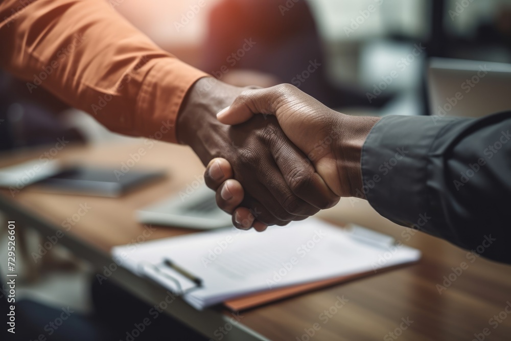 closeup of a handshake between an African American man and a person of a different race, concluding a successful business agreement