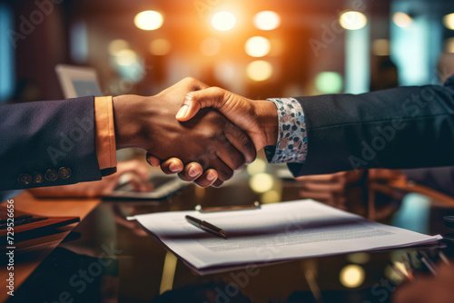 closeup of a diverse business handshake, with an African American hand and a Caucasian hand sealing a deal over official documents