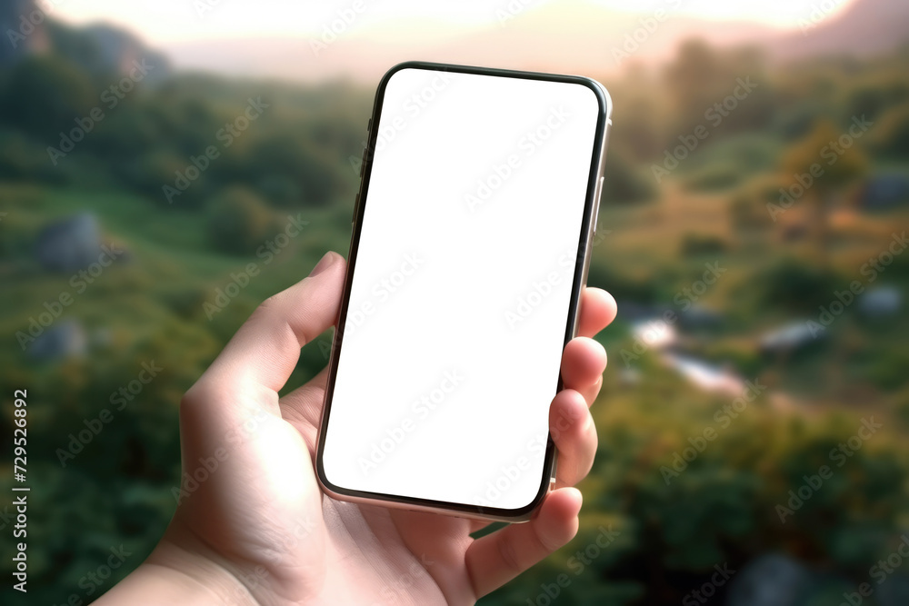gentle woman hand delicately holds a smartphone, its blank screen a canvas against a backdrop of lush greenery and a meandering river
