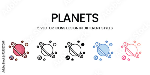 Planets Icon Design in Five style with Editable Stroke. Line, Solid, Flat Line, Duo Tone Color, and Color Gradient Line. Suitable for Web Page, Mobile App, UI, UX and GUI design.