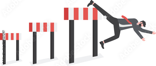 Business failure, mistake or cannot overcome difficulty or obstacle, problem or underperform employee concept, frustrated businessman loser fail to jump over hurdle and falling to the ground.

