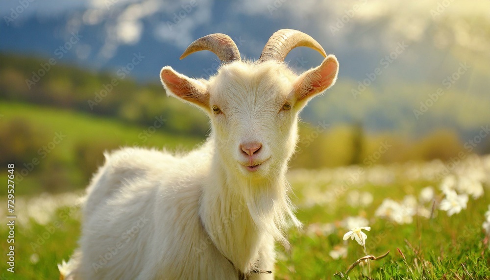 A cute goat standing in the meadow, grass field, sunny 