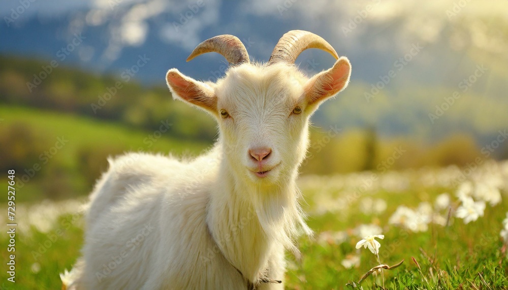 A cute goat standing in the meadow, grass field, sunny A cute goat standing in the meadow, grass field, sunny