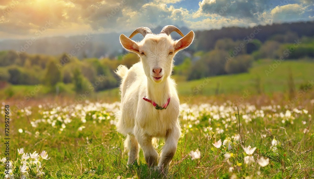 A cute goat standing in the meadow, grass field, sunny A cute goat standing in the meadow, grass field, sunny