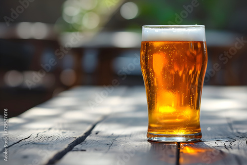 A close-up view of steamed mug of cold beer or ale, with foam the rim of the glass, on a wooden table and a dark background in an Irish pub or english pub. bar counter with lights. Outside daylight