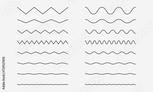 Wave zigzag lines set.  Underlines, smooth end squiggly horizontal, squiggles. Vector illustration photo
