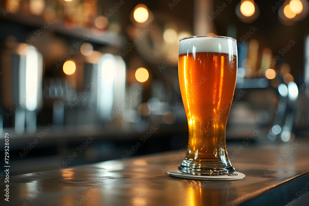 A close-up view of steamed mug of cold beer or ale, with foam the rim of the glass, on a wooden table and a dark background in an Irish pub or english pub. bar counter with lights A close-up view of steamed mug of cold beer or ale, with foam the rim of the glass, on a wooden table and a dark background in an Irish pub or english pub. bar counter with lights