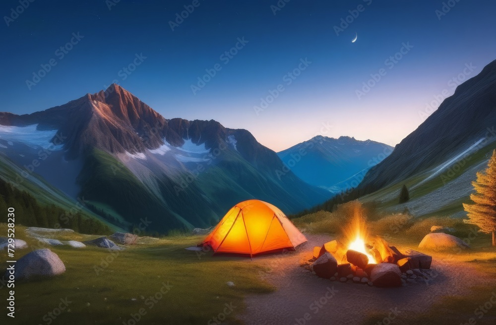 tent in the mountains - obrazy, fototapety, plakaty 