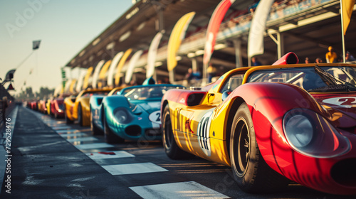 A group of colorful racing cars at the starting line of a race track.