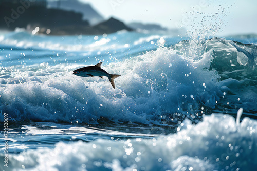 Salmon leaping rapids, salmon jumping in the river. Snook leaping out of the water. Marine animals wallpaper © Stas