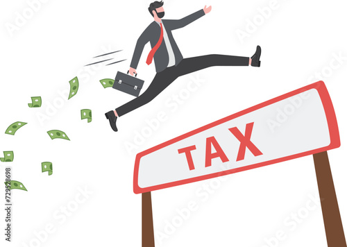 Overcome tax problem, expert advice for taxation or financial challenge concept, confident businessman holding money briefcase pole vault jump over the word TAX.


