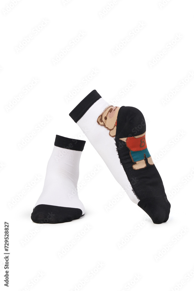 Close-up shot of nylon socks, adorned with knitted bear insertion.The pair socks is isolated on a white background. Side and front view. Cozy hosiery for ladies and girls. Close-up shot of nylon socks, adorned with knitted bear insertion.The pair socks is isolated on a white background. Side and front view. Cozy hosiery for ladies and girls.