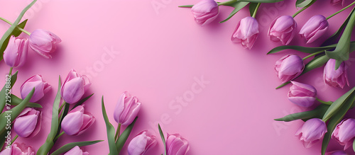 Purple tulips in an isolated pastel background with copy space, perfect for spring-themed designs and nature-related content. #729528882