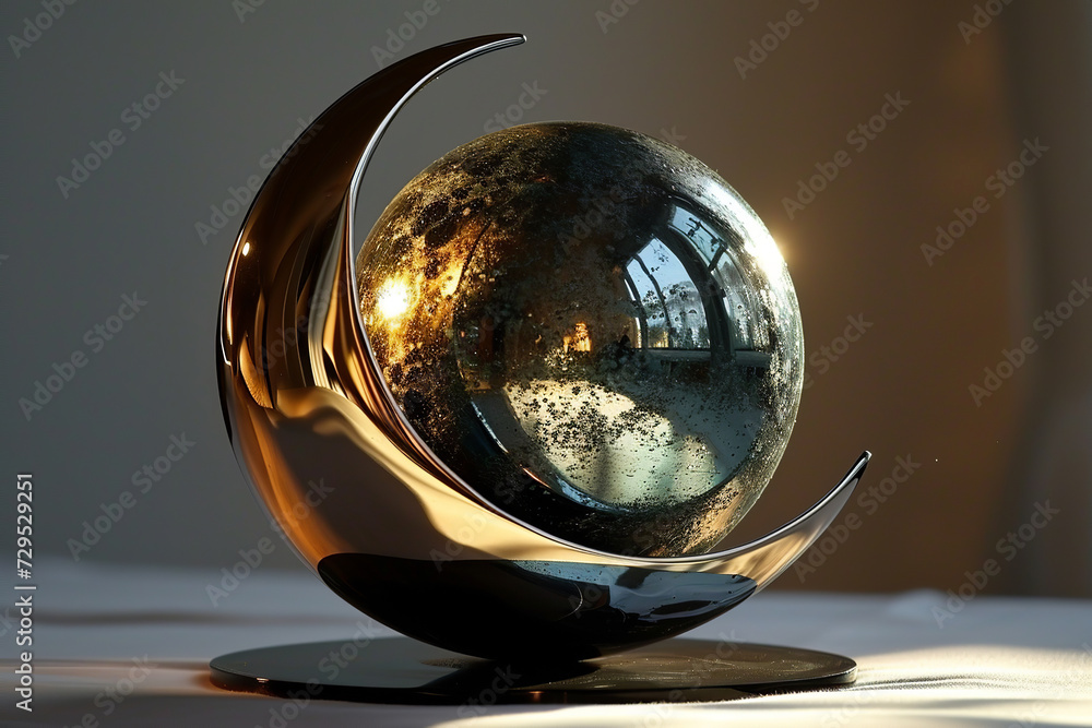 3d render of abstract art with surreal 3d ball in forms moon and month in matte metal material with glass parts, with dispersion effect on grey background 3d render of abstract art with surreal 3d ball in forms moon and month in matte metal material with glass parts, with dispersion effect on grey background