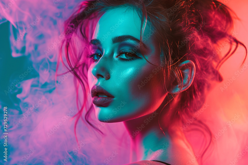 Fashion art portrait of beauty model woman in bright lights with colorful smoke. Close up. selective focus.